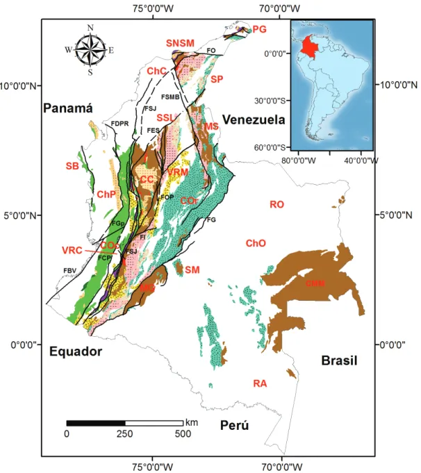 Figura  5  –  Mapa geológico simplificado da Colômbia. Falhas: Oca (FO), Santa Marta-Bucaramanga  (FSMB), San Jerónimo (FSJ), Espíritu Santo (FES), Dabeiba-Pueblo Rico (FDPR), Otú-Pericos (FOP),  Garrapatas (FGp), Buenaventura (FBV), Ibagué (FI), Cali-Patí