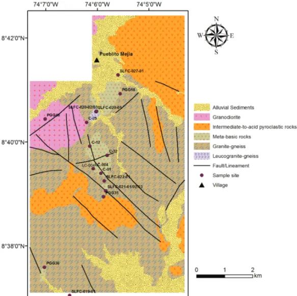 Figure 2 – Geological map of the area of study displaying the location of samples. Position in theSLR as  shown in figure 1
