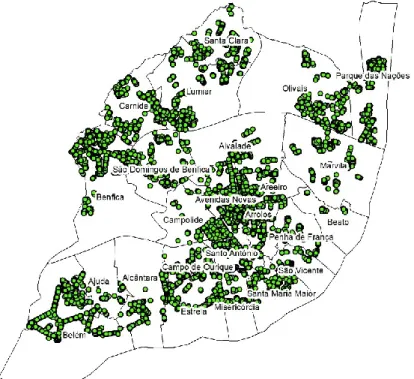 Figure 1. Spatial distribution of the tree species selected for the carbon storage accounting in the city  of Lisbon and their parishes