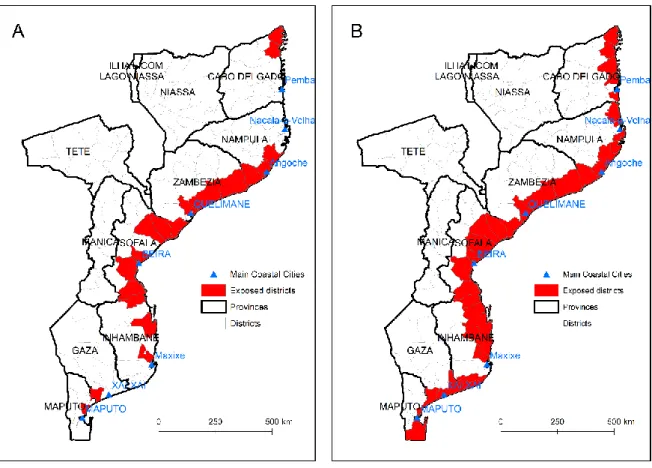 Figure 3 Exposed districts in the “With habitats” (A, map on the left) and in the “Without habitats” 