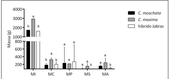 Figura  2  -  Avaliação  das  massas  de  abóboras  em  gramas(g).  Massa  inicial  (MI),  massa  de  casca  (MC),  massa  de  polpa  (MP),  massa  de  semente  (MS),  massa de aparas (MA)