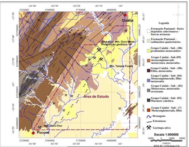 Figura 3.1 – Mapa geológico da área de estudo, com a indicação das ocorrências de garimpos de ouro