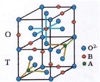 Figura 2.2 – Estrutura de parte da célula unitária da ferrita do tipo espinélio realçando as coordenações dos  sítios O e T (SILVEIRA, 2006)