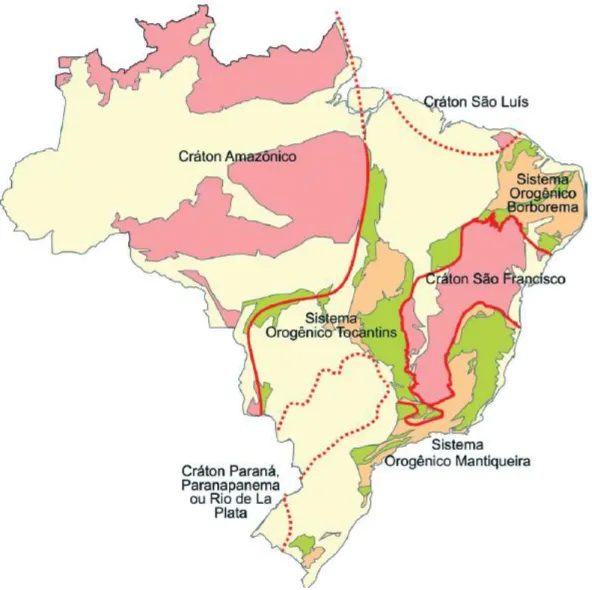 Figura  2.1:  Compartimentação  geotectônica  do  Brasil  no  Ciclo  Brasiliano.  Representando  os  sistemas  orogênicos  (em  verde),  os  maciços  e  granitoides  (em  bege),  os  crátons  (rosa  escuro)  e  as  coberturas  fanerozoicas (em amarelo) (Ha
