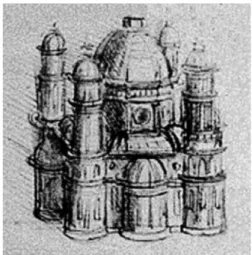 Figura 2: Desenho de Filarete de mostrando   uma igreja de planta central com zimbório   enquadrado por torres nos ângulos.
