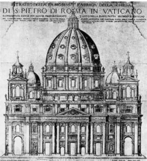 Figura 5: Projecto de Maderno (gravura de Matteo Greuter) para  a Basílica de São Pedro no Vaticano.