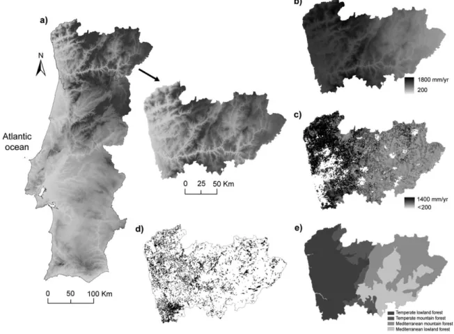 Figure 2. 3 – The study area. Indicators and sources: a) Location - Digital elevation model (SRTM – 90 m resolution); b)     Mean  annual precipitation (mm/yr, 250 m 2  pixel resolution) from Worldclim database, 1950-2000 (Worldclim, 2010); c) Mean annual 