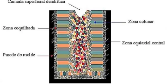 Figura  25  -  Esquema  representando  diferentes  regiões  macroestruturais  geralmente  obtidas em seções longitudinais de lingotes fundidos (MATESO, 2006)