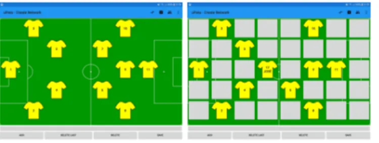 Figure 3. The screen to codify the network of passes and to change the positions of the players in the field.