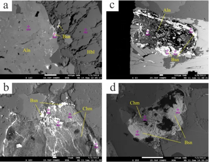 Figura  7  –  Imagens  obtidas  por elétrons retro-espalhados mostrando formas de ocorrência de minerais  secundários de TR