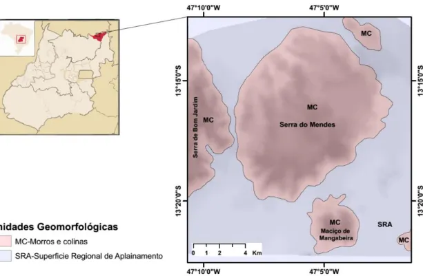Figura  2. Mapa geomorfológico da área estudada. Fonte: Sistema Estadual de Estatística e Informações  Geográficas do Estado de Goiás-Superintendência de Geologia e Mineração
