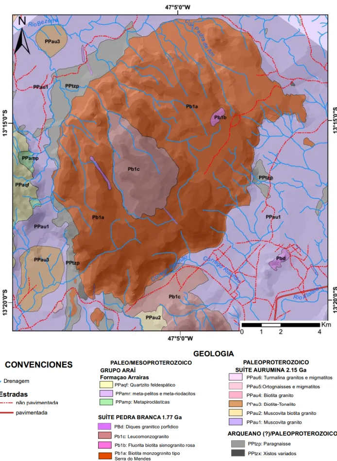 Figura  4. Mapa geológico do Maciço Serra do Mendes e adjacências. Adaptado de Miranda &amp; Ribas (2006) e  Castanheira &amp; Andrade (2006)