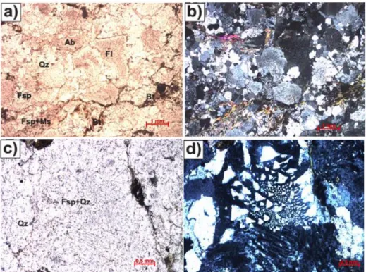 Figura  6. Fotomicrografias do fluorita biotita sienogranito (amostra TF171B), a(P//) e b(PX): textura e   associação mineral típicas da rocha; c(P//) e d(PX): Textura granofírica preservada
