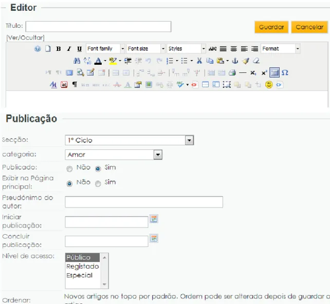 Figura 9. Parâmetros para a criação de um artigo no editor do programa Joomla    