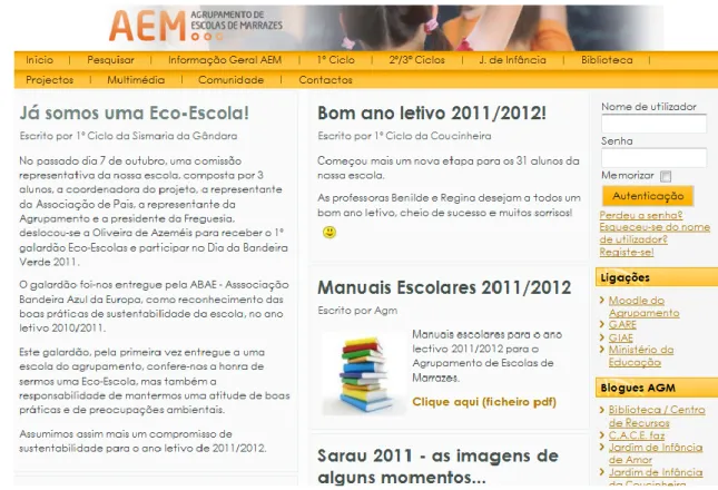 Figura 12. Página do Agrupamento de Escolas de Marrazes com Barra de Menus no  topo da página 