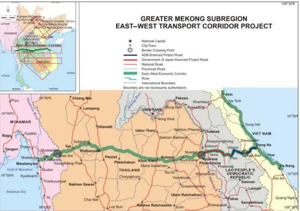Figure 3.2: The East-West Economic Corridor route between Myanmar, Thailand, Laos and  Vietnam (source: ADB 2012)