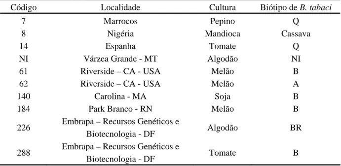 Tabela 5 – Biótipos de Bemisia  tabaci usados nos estudos de determinação de perfis de  marcadores moleculares de RAPD