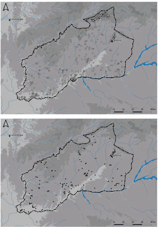 Figure  7:  Maps  of  the  distribution  of  rural  settlement  in  the  territory  of  Egitania  during the Roman (top) and early medieval periods (bottom)