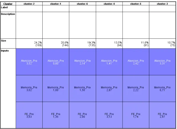 Figure 4.3 - Information about each one of the six clusters regarding the Predictor importance for every input 