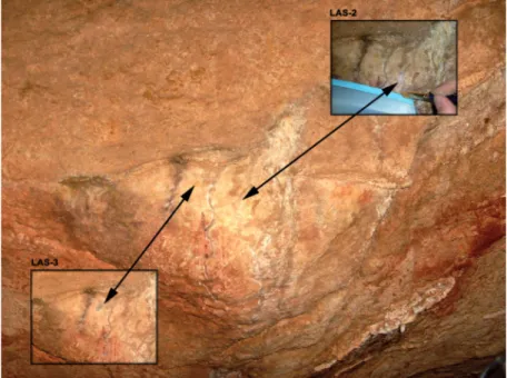 Figura 2. Puntos de muestreo de LAS-2 y LAS-3 en la cueva de Las Aguas.