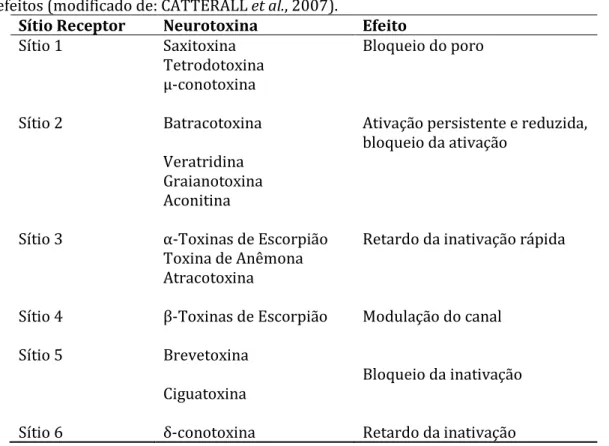 Tabela  6  Relação  dos  sítios  de  ligação  para  as  toxinas  que  atuam  nos  Na v   e  seus  efeitos (modificado de: CATTERALL et al., 2007)