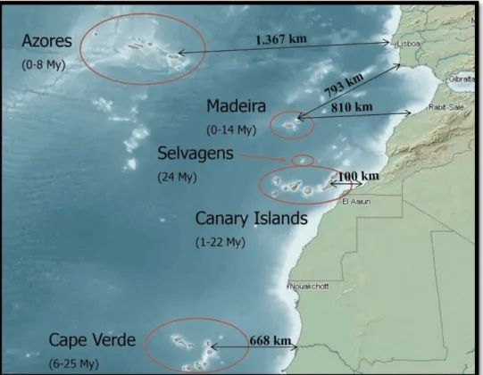 Figure 1.1. The five archipelagos of the Macaronesian region - Azores, Madeira, Selvagens, Cape Verde and Canary Islands  – with the corresponding age and distance to the closet mainland point