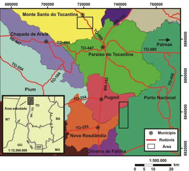 Figura  1.  Mapa  de  localização  e  rodovias  de  acesso  às  áreas  estudadas.  Os  retângulos  pretos representam a área de estudo relativa aos maciços Monte Santo (MMS) e Estrela  (ME)