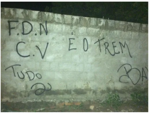 Figura 06  - Sigla do CV  junto com silga da FDN nas paredes de um bairro de Fortaleza, 