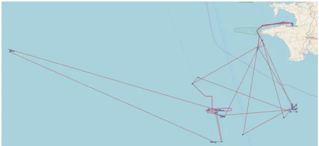 Figure 4.4: Fishing vessel (MMSI: 228858000) trajectory. Where the Blue points represent the Stopped points on the overall trajectory.