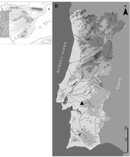 Figure 1. Location of the Escoural Cave, Montemor-o-Novo, Portugal, in the context of  Iberia (A) and Portugal (B).