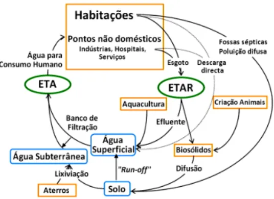 Figura 1. Percurso cíclico dos compostos farmacêuticos nos  diferentes  compartimentos  aquáticos  [adaptado  de  Mompelat et al., 2009]