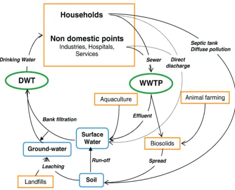 Fig.  1.2.  Representative sources and routes of pharmaceutical compounds in the  environment (from Mompelat et al