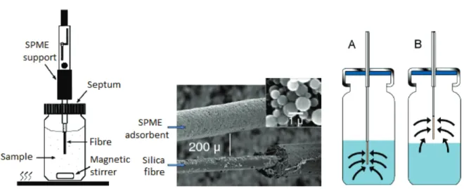 Fig. 2.2. SPME components: on the left – scheme of a SPME set-up; in the centre – detail  of a SPME fibre; on the right – operating modes of SPME: A – immersion, B – headspace