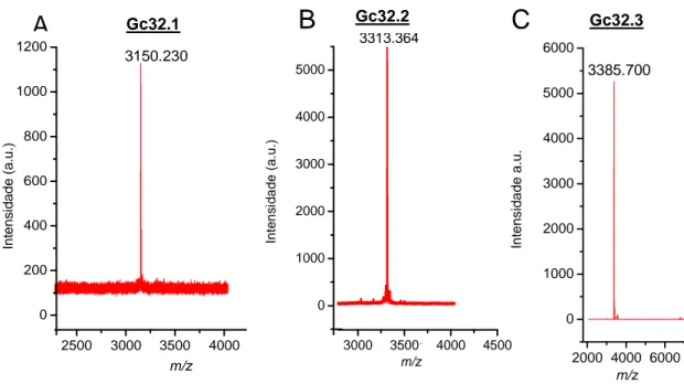 Figura  13.  Espectrogramas  de  massa  molecular  das  frações  recromatografadas  de  Gc32  detectadas  em  sistema  MicroQTOF-Q  II 