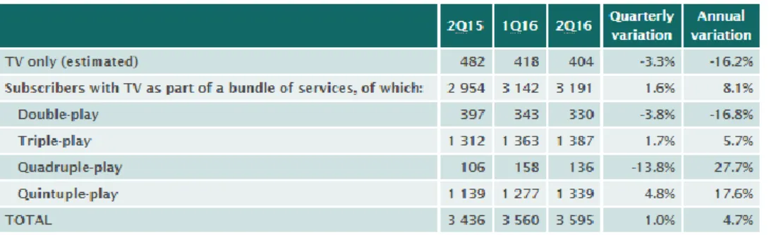 Table 15 – Subscribers to STV signal distribution service by type of offer contracted 