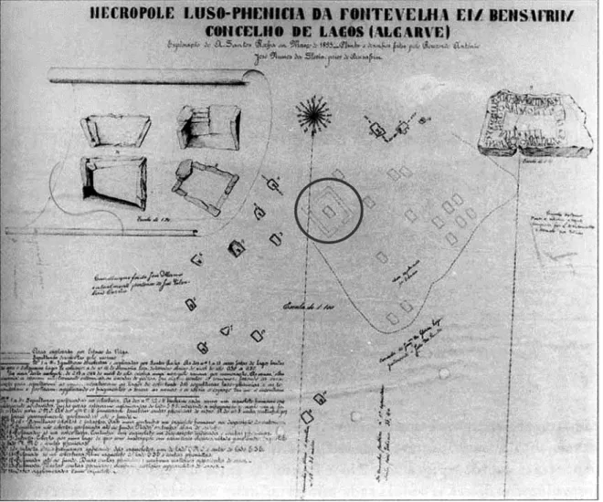 Fig. 3 - Planta da “Necrópole Luso-Phenicia da Fonte Velha em Bensafrim” com localização do possível ustrinum escavado por Estácio  da Veiga