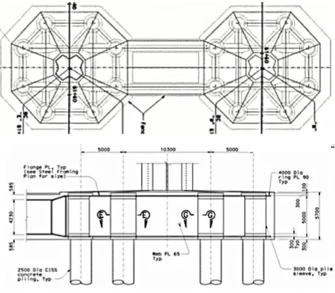 Fig. 3.9 – Plan and elevation sections of the East piers and pile cap (Ref.: Caltrans drawings 46/118)