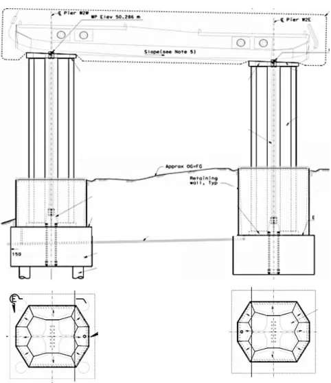 Fig. 3.23 – West transverse elevation with foundations, pier, cap beam and typical cross section (Ref.: 