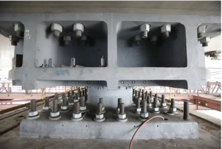 Fig. 3.24 – Shear Key for the east pier connection, with anchor rods visible (Ref.: SFGate, 2013) 