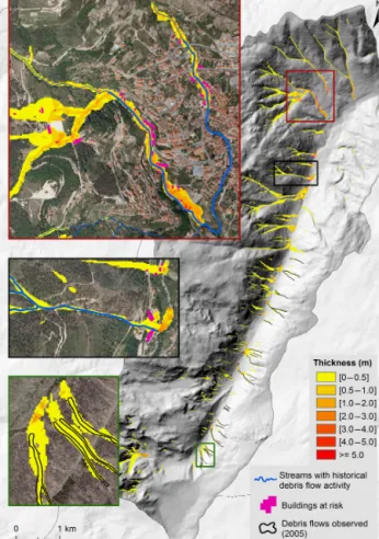 Figure 10. Debris flow run-out modeling on the basin scale, con- con-sidering excess rain of 30 mm h −1 (Scenario A).