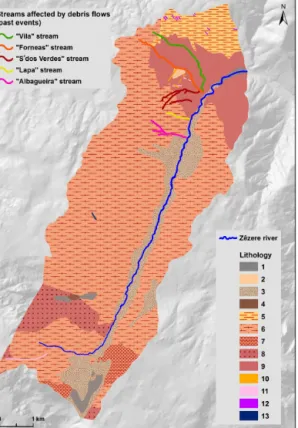 Figure 2. Lithology of the study area and streams affected by historical occurrences of debris flows
