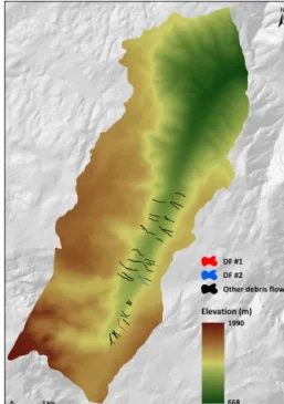 Figure 4. Digital elevation model (DEM) of the study area and de- de-bris flows that occurred in 2005.