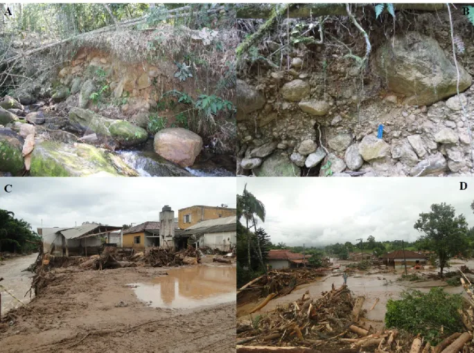 Fig. 3. Deposits in Santo Antônio basin (A), Pau d’alho basin (B), mudflows and flash floods in Itaóca city from 2014