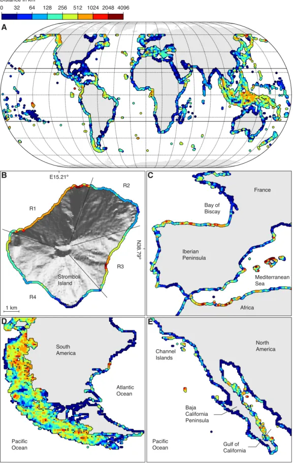 Figure 2.12: Topographical shading along the world’s coastlines. Distance to the nearest latitude with matching unshaded solar radiation profiles was averaged globally over a 1 ◦ grid (A), and for details of Europe, South America and North America over a 1