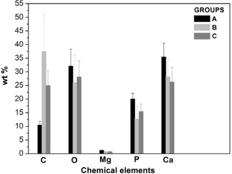 Fig. 3. Bar graph representing the distribution of the mean percentage of each chemical element (y- (y-axis), by experimental group (x-axis)