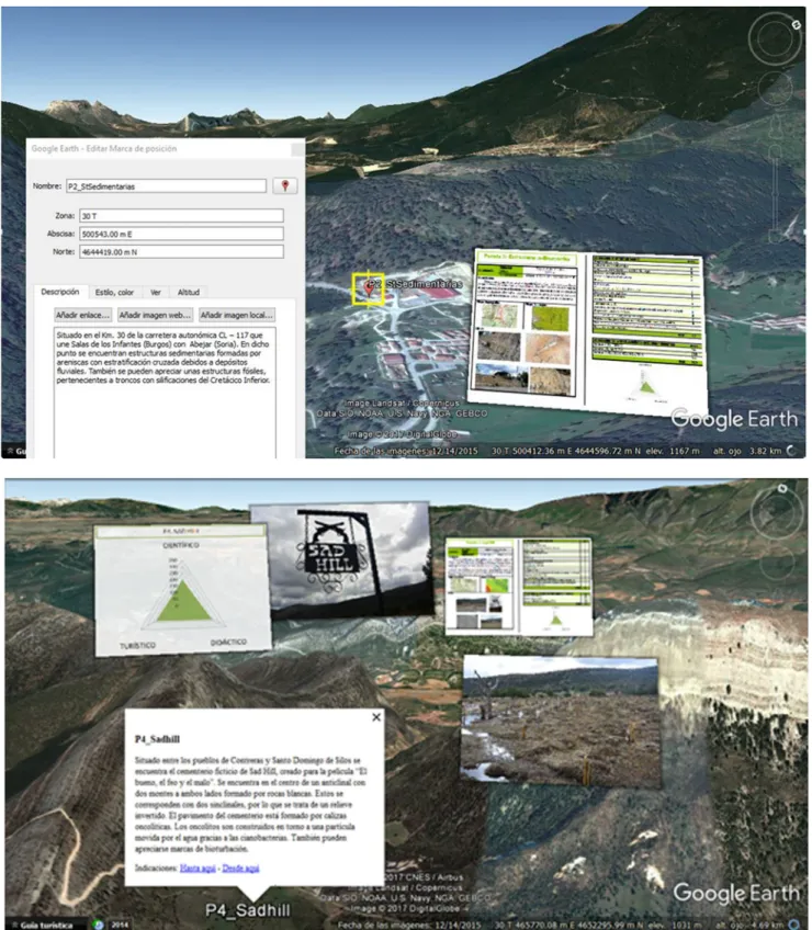Fig. 2 Screenshots of GIP 2 showing the placemark (up), and the description, pictures in flight, information sheet and other resources (down)