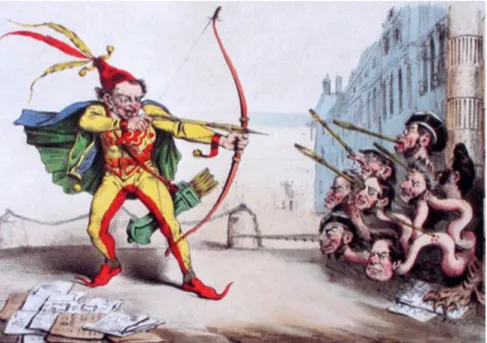 Figura 4 – C. Philipon. Auguste Desperret: Philipon ele mesmo como uma caricatura/bobo  da corte lutando contra as autoridades acusadoras