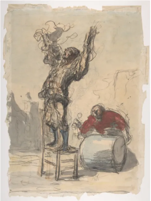 Figura 1 – H. Daumier. Show de rua com palhaço tocando tambor, 1825–79, desenho (carvão,  grafite e aquarela)
