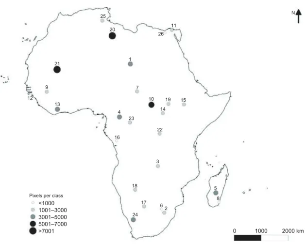 Figure 1. Geographical location of the training areas identified for each land cover class.