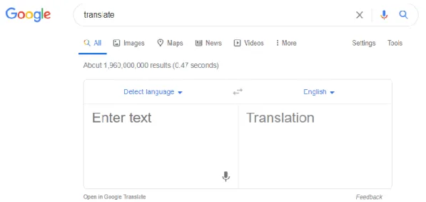 Figure 10 - Example of the translator tool (Google search engine) 